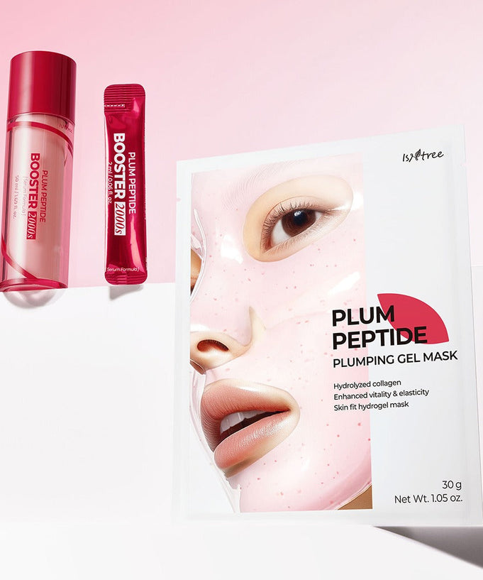 ISNTREE Plum Peptide Plumping Gel Mask 30g x 4 sheets packaging with booster serum and sachet; hydrating skin care products displayed.
