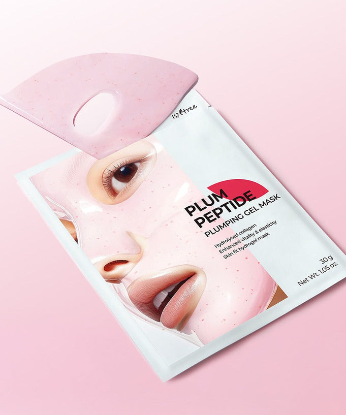 ISNTREE Plum Peptide Plumping Gel Mask 30g x 4 sheets packaging on a pink background.