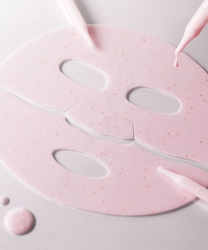 ISNTREE Plum Peptide Plumping Gel Mask 30g x 4 sheets shown with serum droplets, designed to hydrate and plump skin.