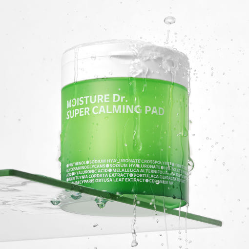ISOI Moisture Doctor Super Calming Pads 260g x 60 sheets on glass surface with water drops
