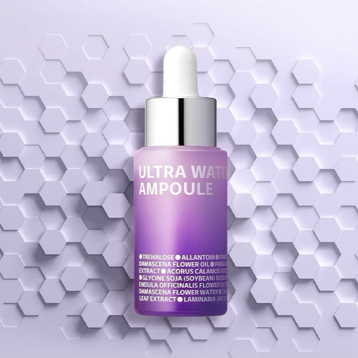 ISOI Ultra Waterfull Ampoule 15ml bottle on a geometric hexagon background.