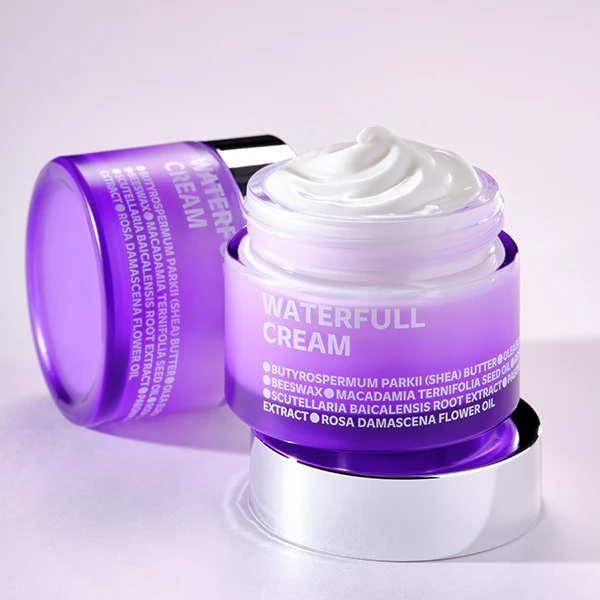 ISOI Waterful Cream Light 50ml in open purple jar, showcasing white moisturizing cream against a light background.