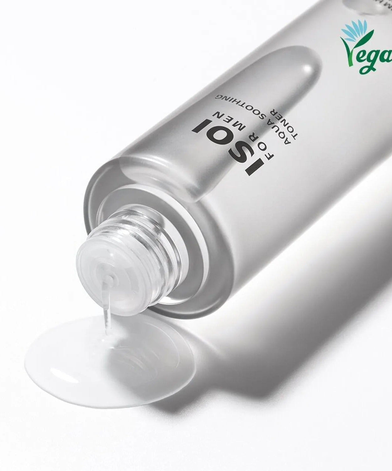 ISOI For Men Aqua Soothing Toner 150ml bottle with liquid pouring out, vegan product for men's skincare.