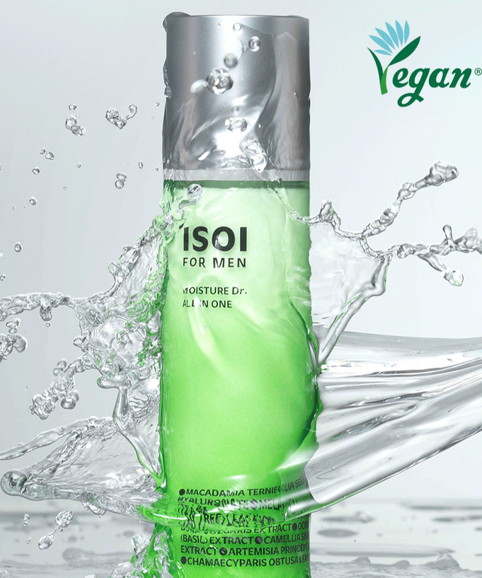 ISOI For Men Moisture Dr. All In One 100ml vegan skincare product with splashing water effect