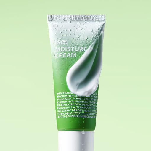 ISOI Moisture Cream 70ml tube with ingredients displayed on light green background.