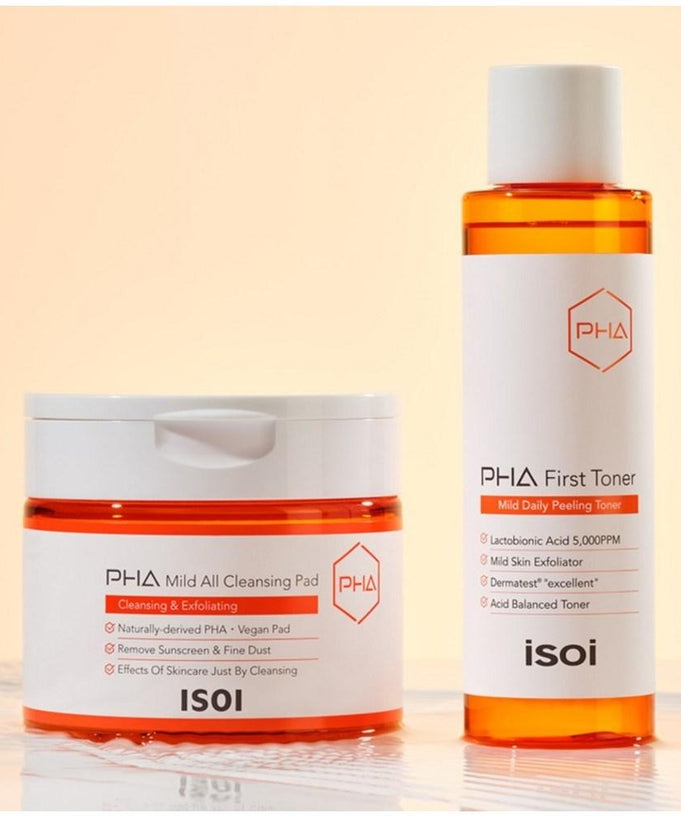 ISOI PHA Mild All Cleansing Pad 60 sheets next to PHA First Toner on a light background