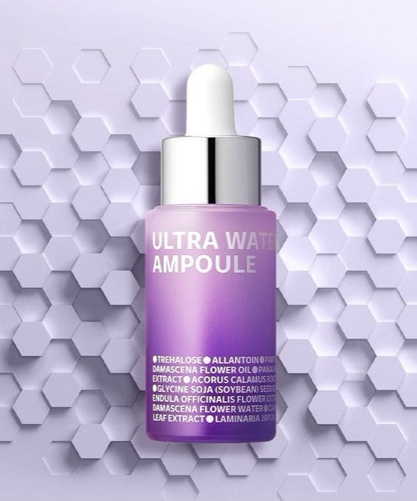 ISOI Ultra Waterfull Ampoule 15ml bottle on a geometric hexagon background.