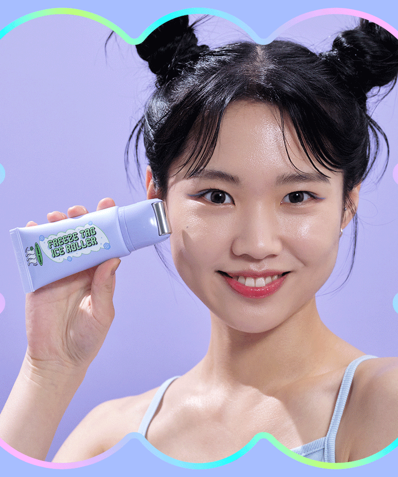 Woman using IT'S SKIN Freeze Tag Ice Roller on face, promoting skincare benefits in vibrant setting.