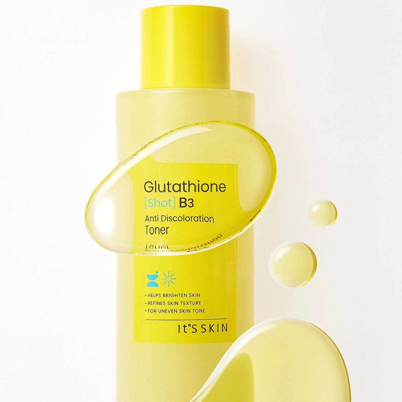 IT'S SKIN Glutathione Shot B3 Toner 120ml bottle, bright yellow packaging with text and liquid drops for skincare focus.