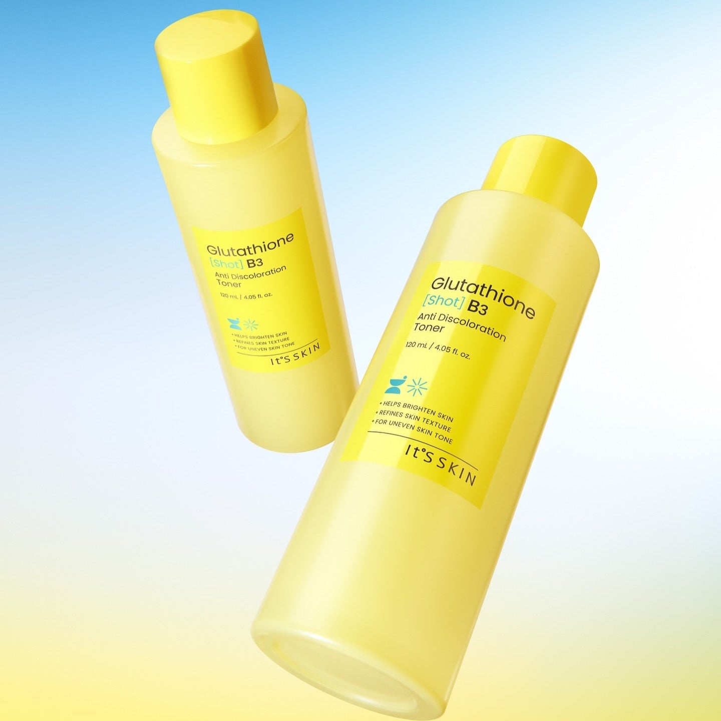 Image of IT'S SKIN Glutathione Shot B3 Toner 120ml with bright yellow packaging on a gradient blue background.
