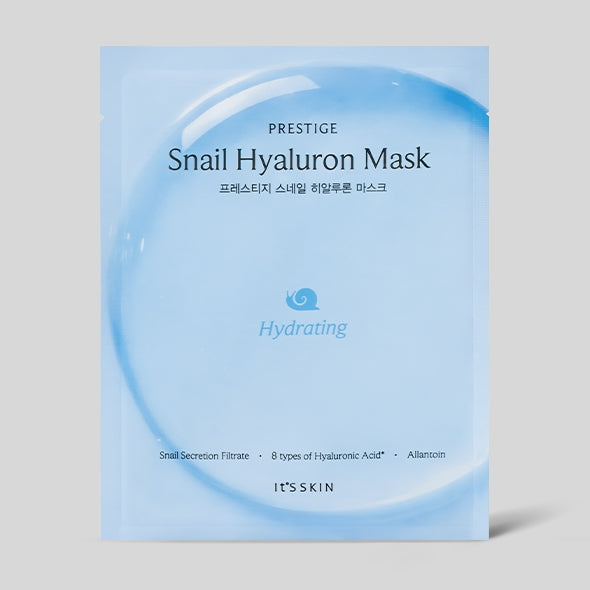 IT'S SKIN Prestige Snail Hyaluron Mask packaging with hydration benefits and snail secretion filtrate.