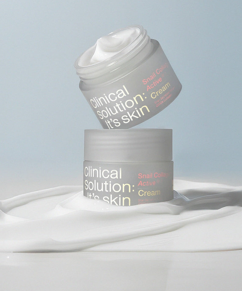 IT'S SKIN Snail Collagen Active Cream 50ml jars on a swirling cream background