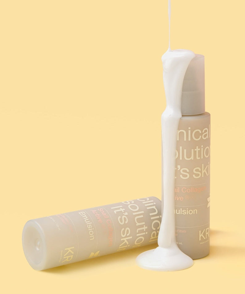 IT'S SKIN Snail Collagen Active Emulsion 120ml bottles with emulsion pouring on a yellow background