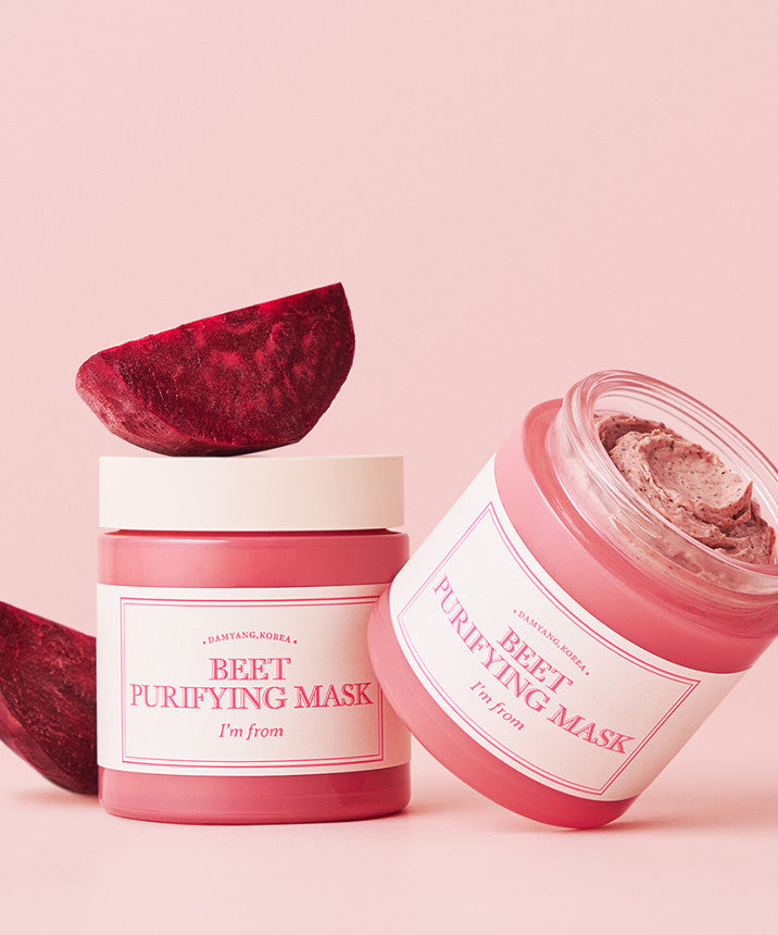 I'M FROM Beet Purifying Mask 110g in pink packaging with beetroot slices, enhancing skin purification and cleansing.
