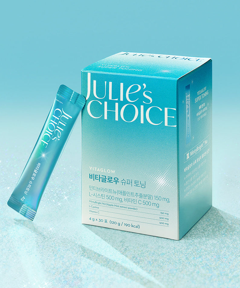 JULIE'S CHOICE Vita Glow Super Toning product packaging on a teal background