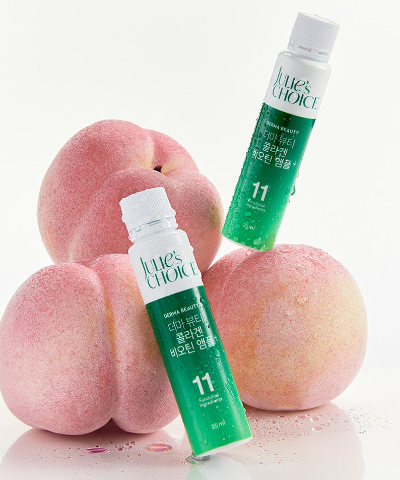 JULIE'S CHOICE Derma Beauty Collagen Biotin Ampoule 25ml with peaches background