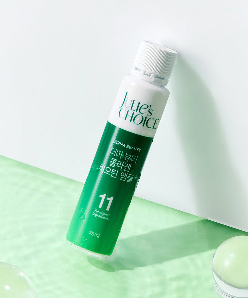 JULIE'S CHOICE Derma Beauty Collagen Biotin Ampoule 25ml bottle on a green background