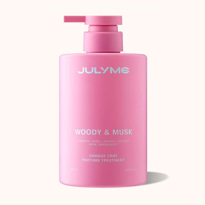 JULYME Damage Care Collagen Treatment 500ml (Wooddy & Musk) pink bottle shown against a plain background.