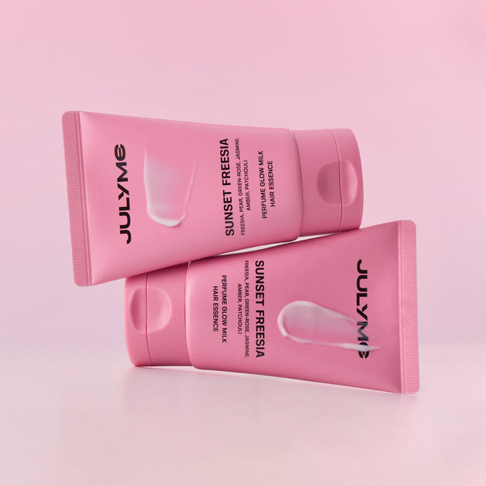 JULYME Perfume Glow Milk Hair Essence 80ml ( Full Bloom) pink bottles on a pink background