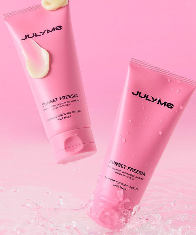 JULYME Perfume No-Wash Repair Hair Pack 150ml displayed with pink packaging and droplets