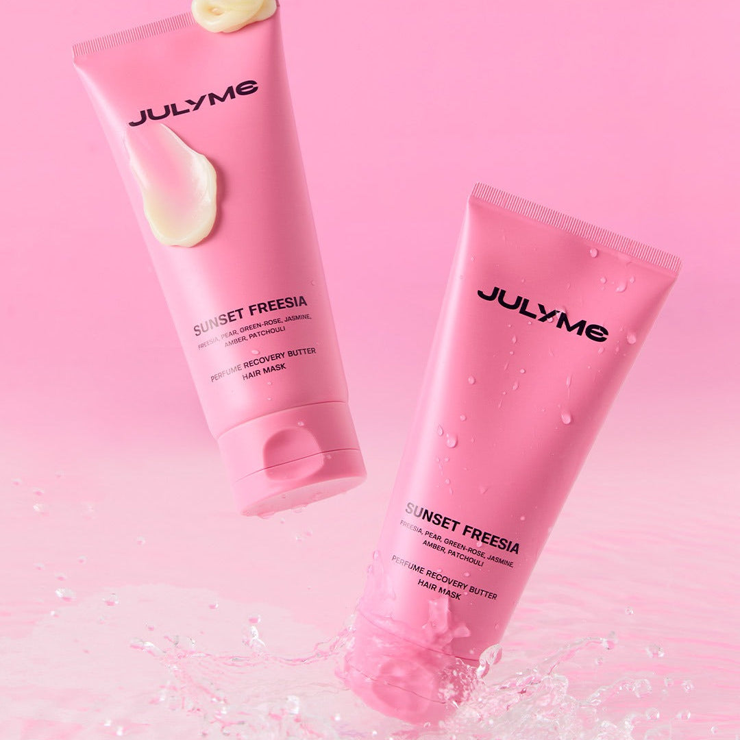 JULYME Perfume No-Wash Repair Hair Pack 150ml displayed with pink packaging and droplets