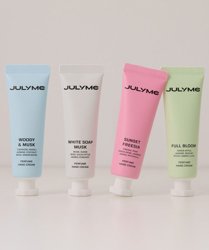 JULYME Perfume Shea Butter Hand Cream 30ml in four scents: Woody & Musk, White Soap Musk, Sunset Freesia, Full Bloom.
