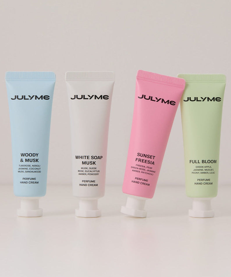 JULYME Perfume Shea Butter Hand Cream 30ml in four scents: Woody & Musk, White Soap Musk, Sunset Freesia, Full Bloom.