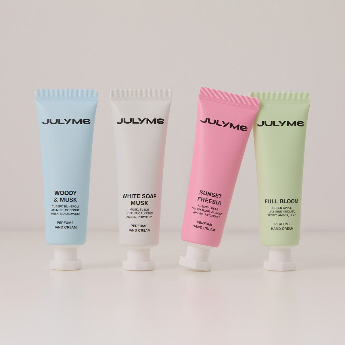 JULYME Perfume Shea Butter Hand Cream 30ml in four scents: Woody & Musk, White Soap Musk, Sunset Freesia, Full Bloom.