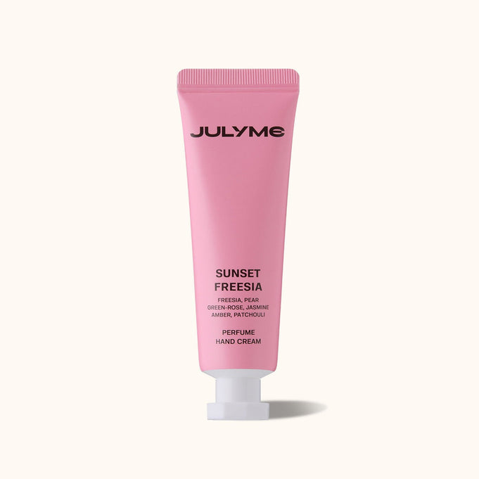 JULYME Perfume Shea Butter Hand Cream 30ml - Pink Sunset Freesia tube design on a neutral background