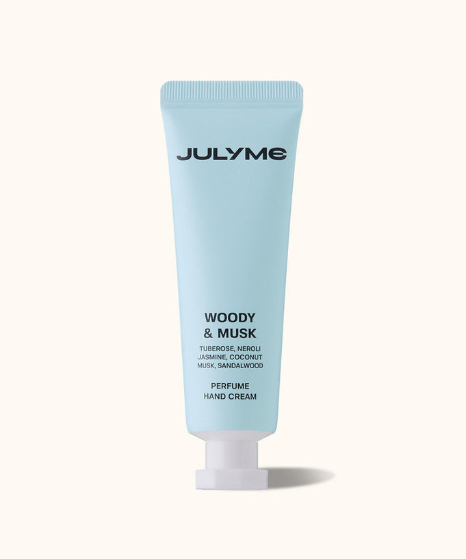 JULYME Perfume Shea Butter Hand Cream 30ml tube with woody and musk fragrance.