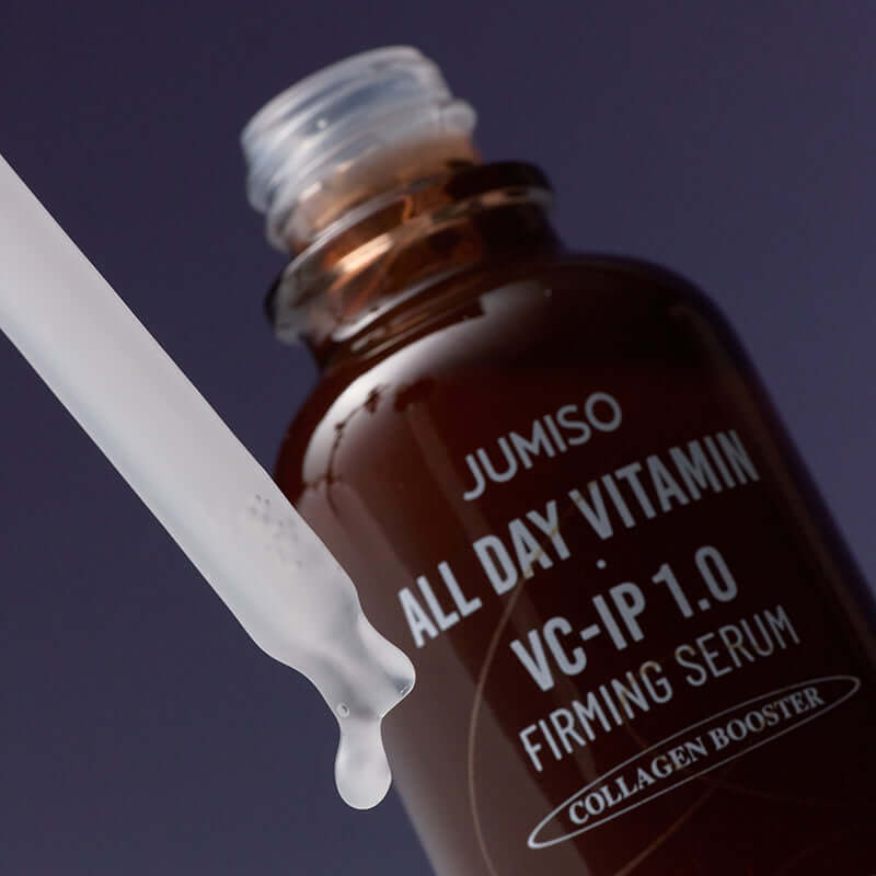 JUMISO All Day Vitamin VC-IP 1.0 Elasticity Serum bottle with dropper, highlighting the firming and collagen-boosting benefits.