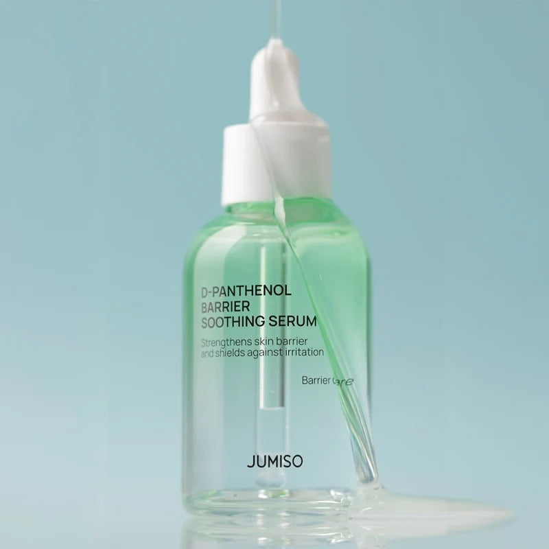 JUMISO D-Panthenol Barrier Soothing Serum 70ml bottle on a blue background, highlighting its skin barrier strengthening properties.