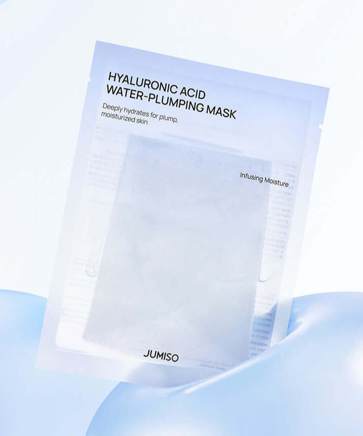 JUMISO Hyaluronic Acid Water Plumping Moisture Mask packaging on a light blue background, highlighting hydration benefits for the skin.