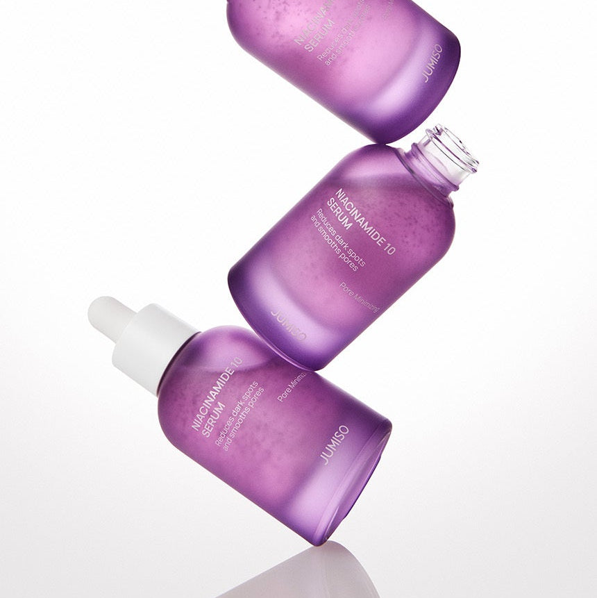 JUMISO Niacinamide 10 Serum 40ml purple bottles floating against a white background.