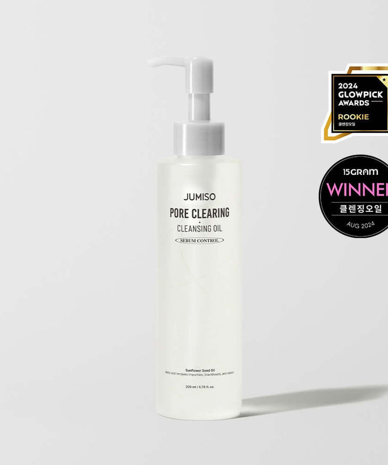 JUMISO Pore Clearing Cleansing Oil 200ml bottle with award badges for skincare excellence.