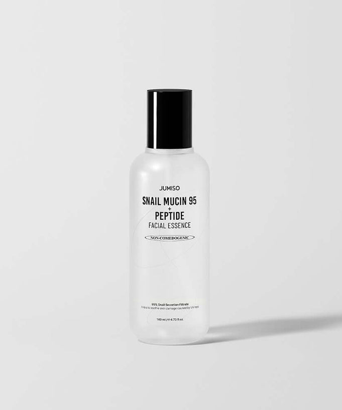 JUMISO Snail Mucin 95+ Peptide Facial Essence 140ml in a clear bottle with black cap, ideal for skincare and beauty routines.