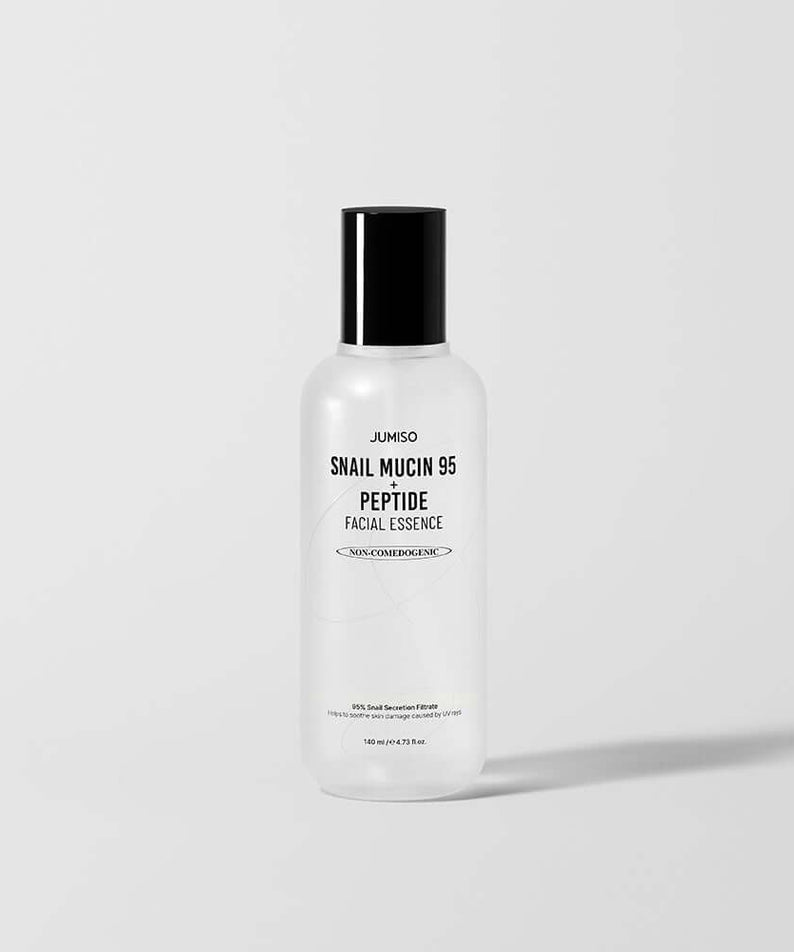 JUMISO Snail Mucin 95+ Peptide Facial Essence 140ml in a clear bottle with black cap, ideal for skincare and beauty routines.