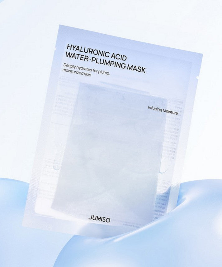 JUMISO Hyaluronic Acid Water Plumping Moisture Mask 27ml packaging on light blue background