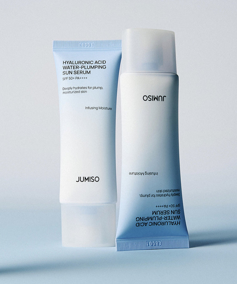JUMISO Hyaluronic Acid Water Plumping Moisture Sun Serum 40ml in blue and white packaging displayed on a sleek background.
