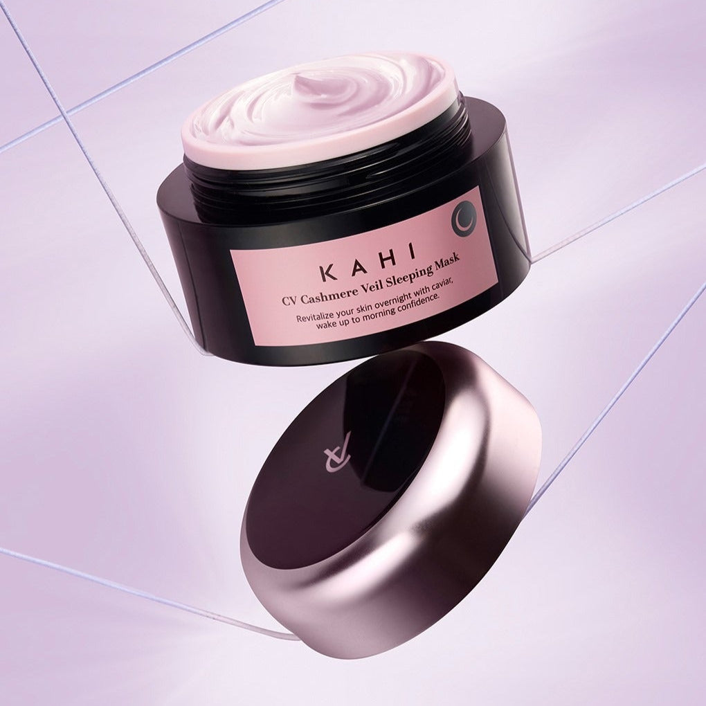 KAHI CV Chashmere Veil Sleeping Mask 50ml in a pink and black jar with lid, showcasing luxurious skincare product.