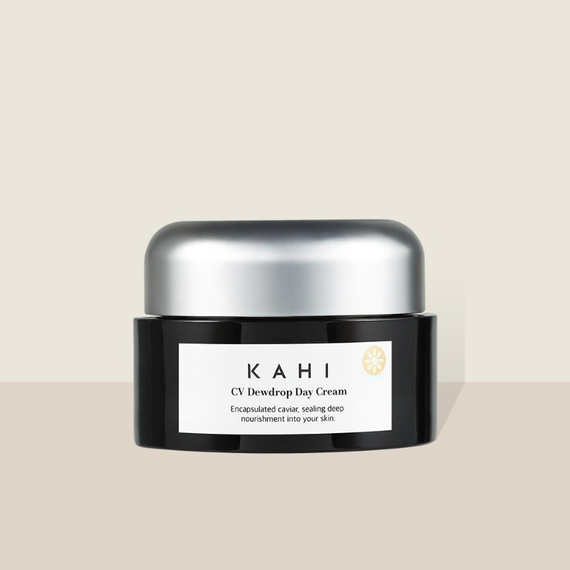 KAHI CV Dewdrop Day Cream 50ml in black jar with silver lid for skin nourishment