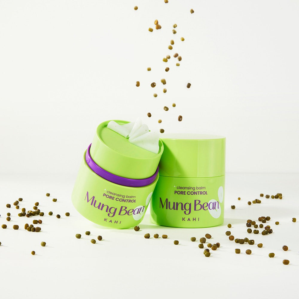 KAHI Cleansing Balm 3 Types 50ml - Mung Bean variant with pore control benefits, featuring two open containers and scattered beans.
