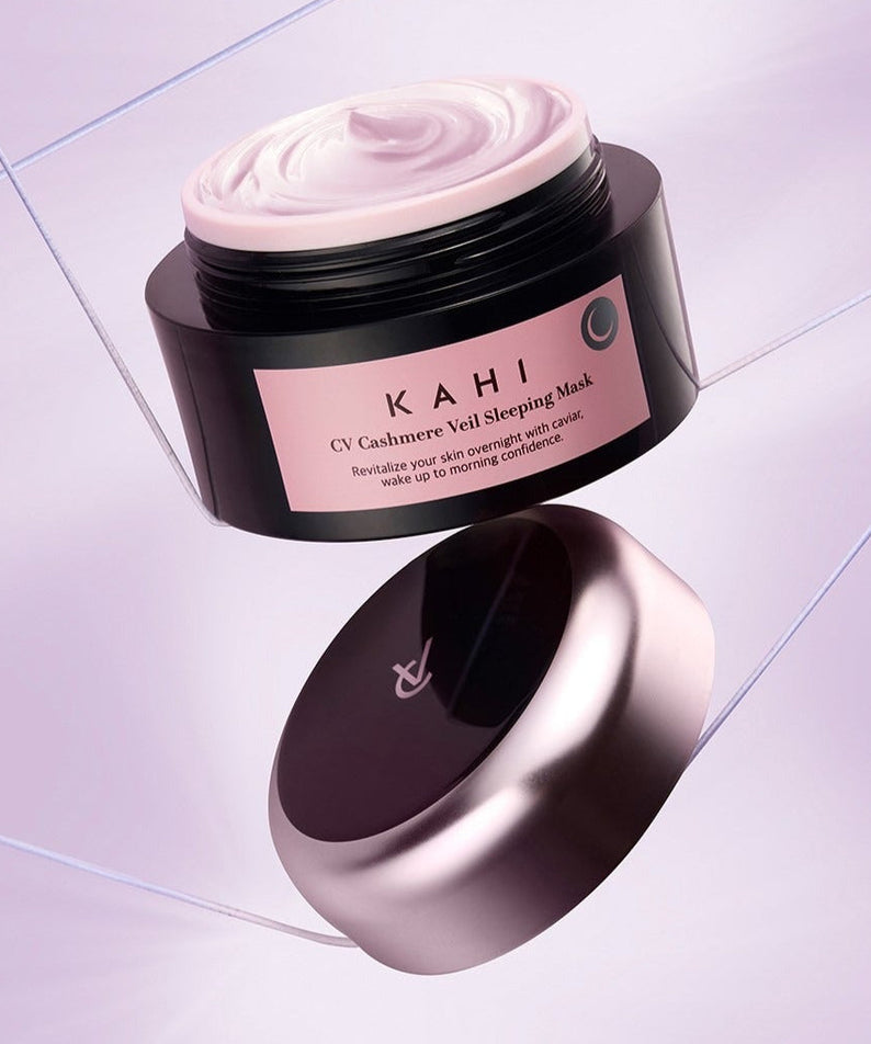 KAHI CV Chashmere Veil Sleeping Mask 50ml in a pink and black jar with lid, showcasing luxurious skincare product.