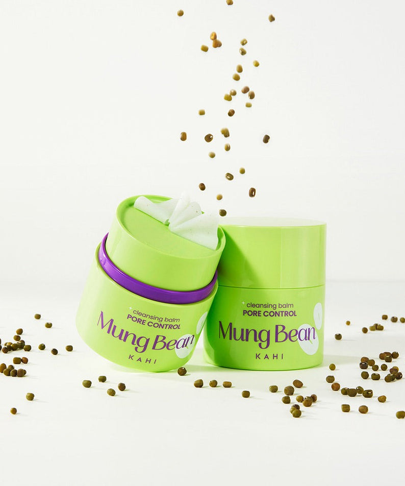 KAHI Cleansing Balm 3 Types 50ml - Mung Bean variant with pore control benefits, featuring two open containers and scattered beans.