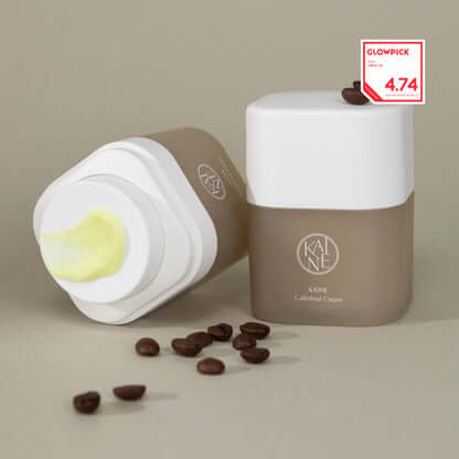 KAINE Caffetinal Cream 50ml with coffee beans and open jar, Glowpick rating displayed.