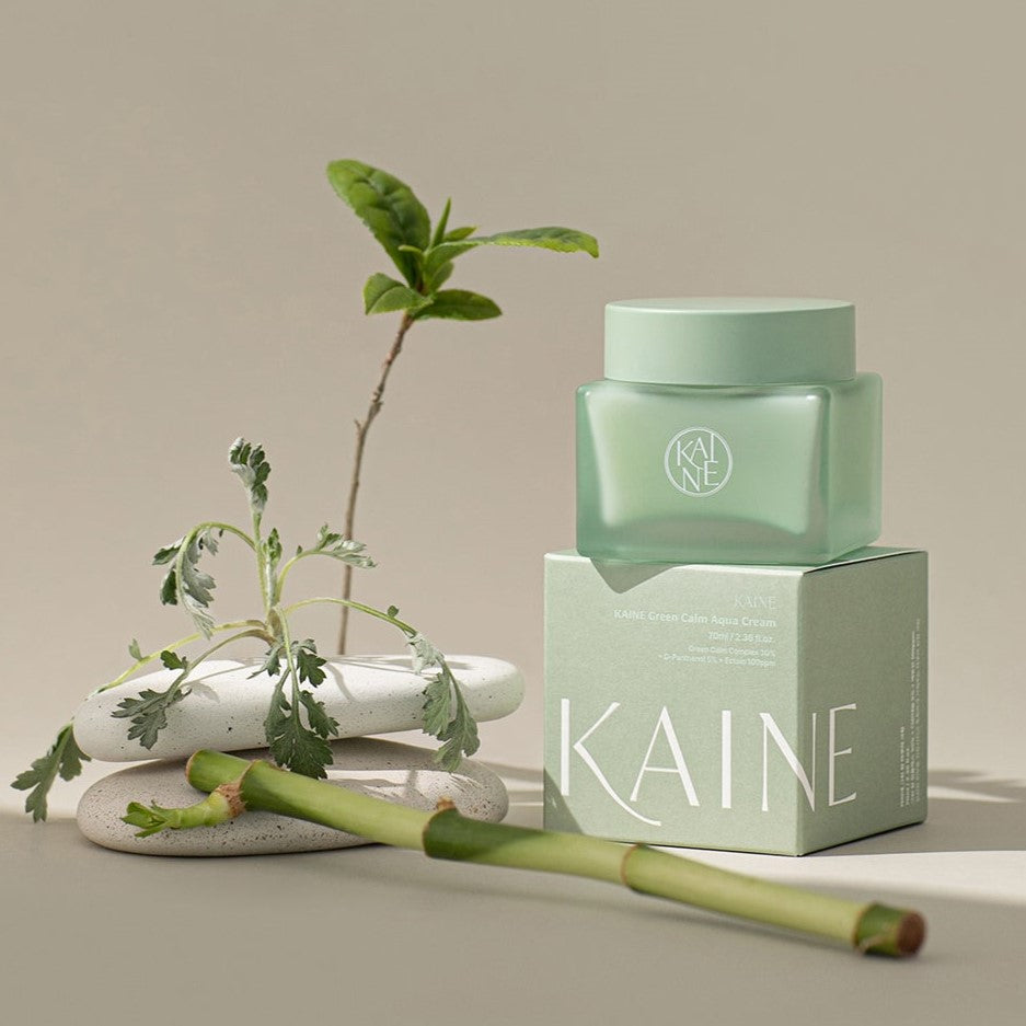 KAINE Calm Aqua Cream 70ml jar and box with natural plant decor, ideal for soothing skincare routines.