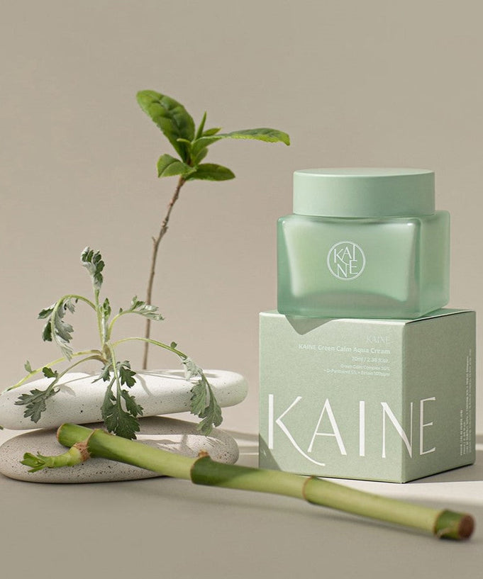KAINE Calm Aqua Cream 70ml jar and box with natural plant decor, ideal for soothing skincare routines.