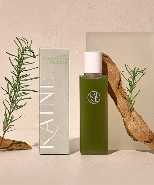 KAINE Rosemary Relief Gel Cleanser 150ml with packaging and decorative rosemary branches.
