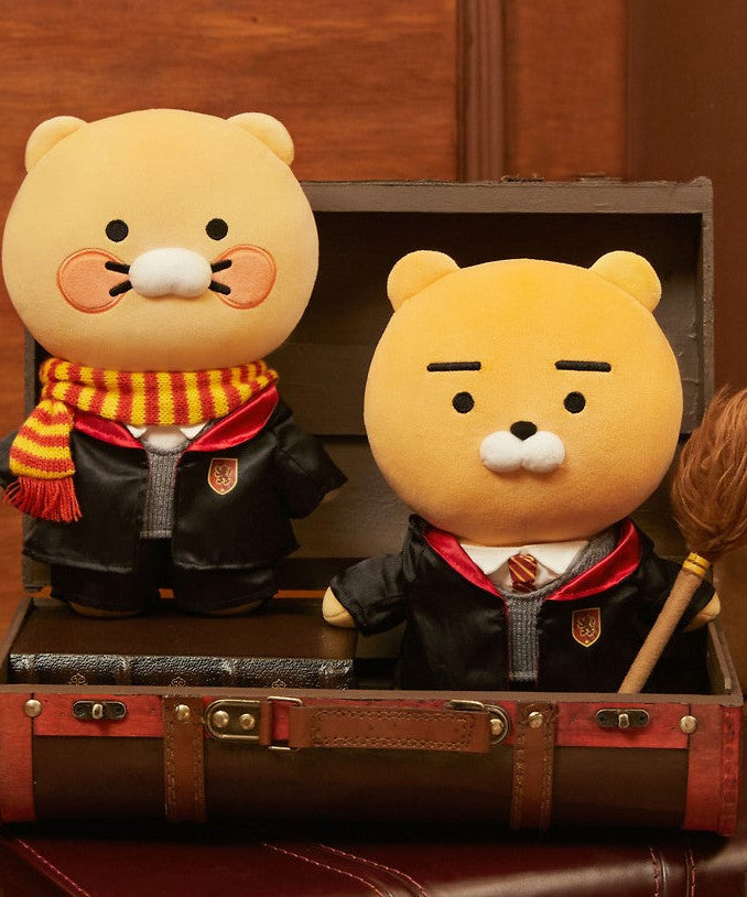 KAKAO FRIENDS Plushies #HarryPotterCollection featuring plush toys in wizard attire inside a suitcase with broomstick.