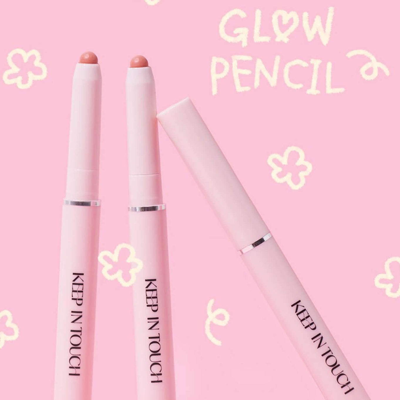 KEEP IN TOUCH Glow Lip Sealer Pencil on pink background with floral accents